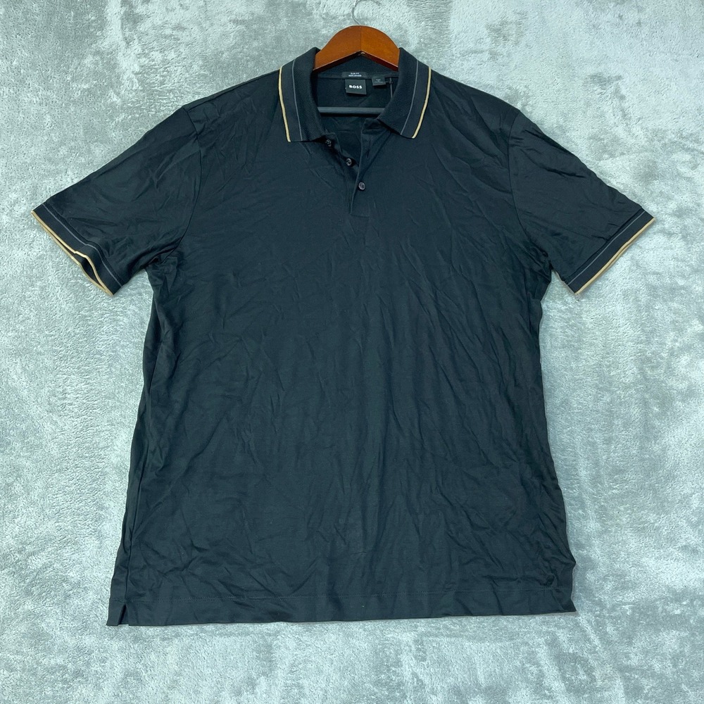 NWT BOSS Men's XXL Black Penrose Slim Fit Polo Shirt Mercerised Cotton